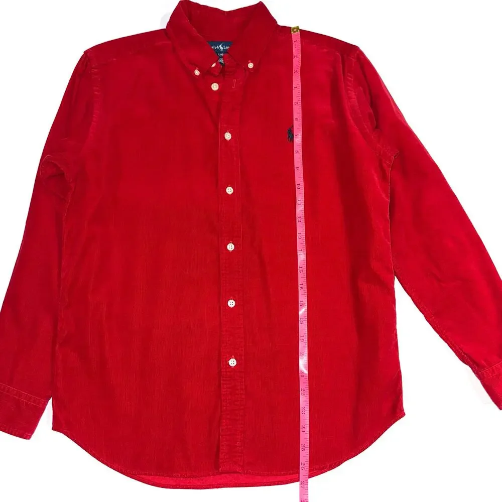 Ralph Lauren Boys Red Corduroy Long Sleeve Button Up Shirt Size L 16/18